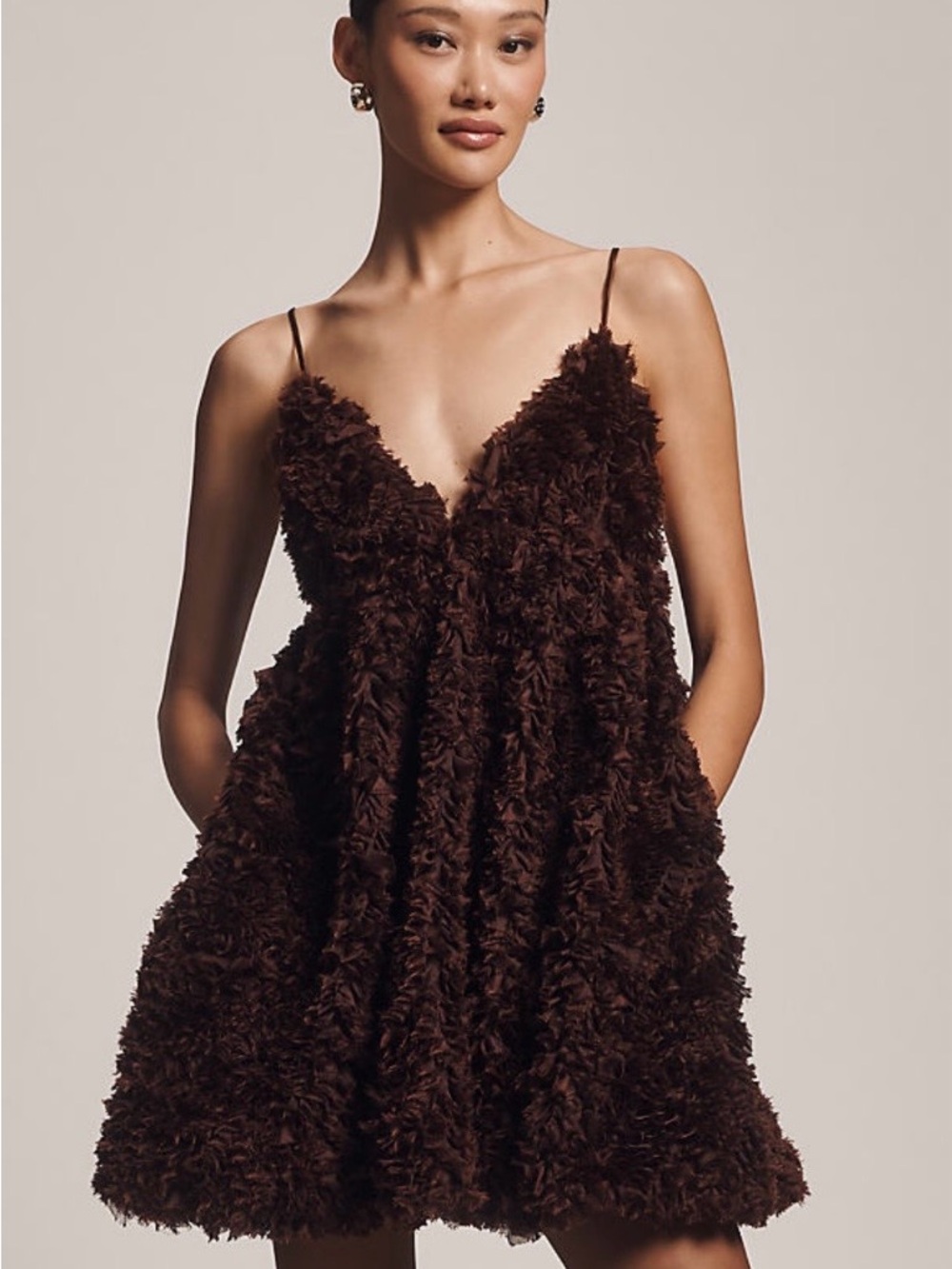 Zara Dark Chocolate Brown Ruffle-Texture Mini Dress